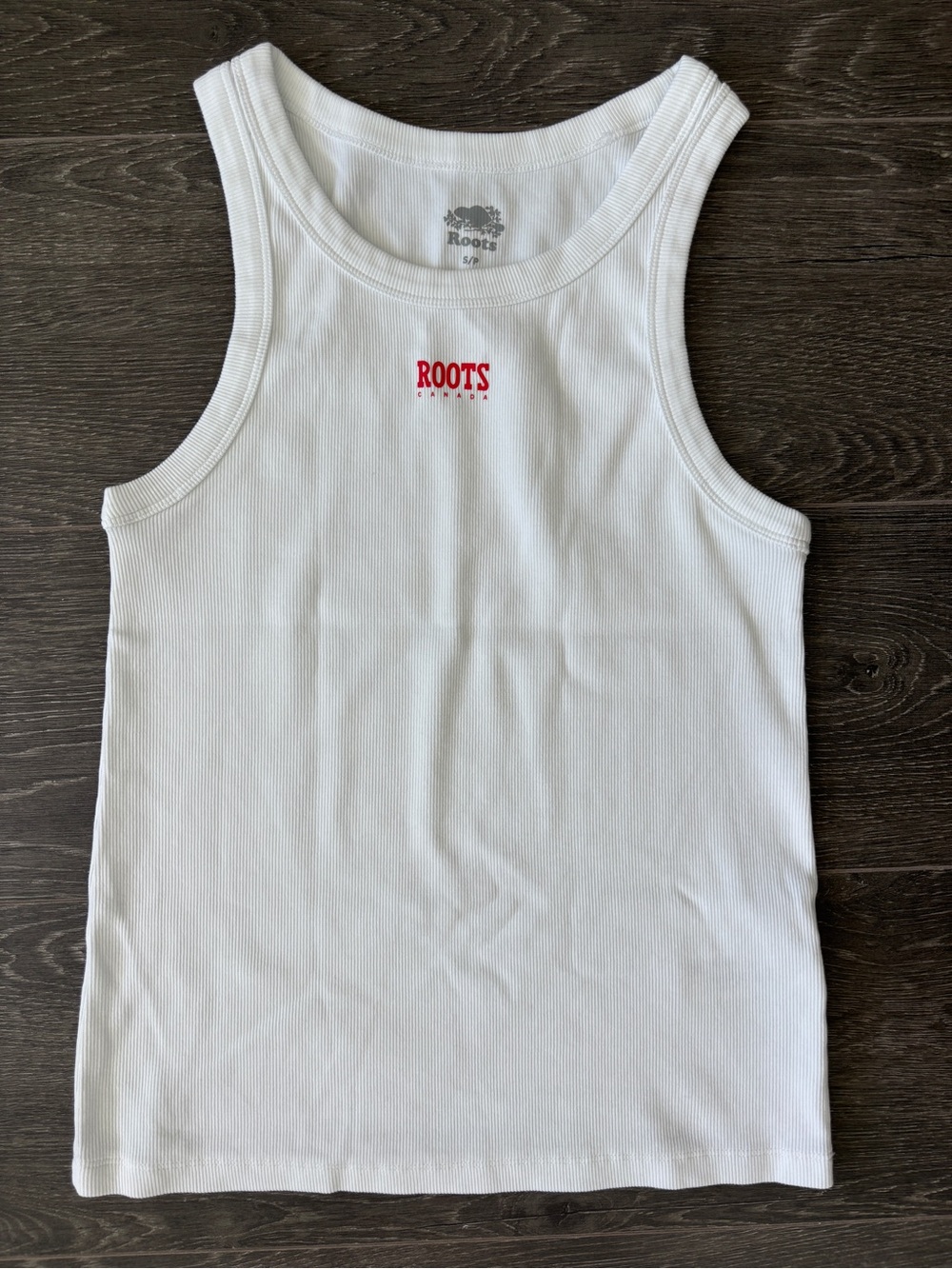 Roots White Ribbed Tank Top with Chest Logo